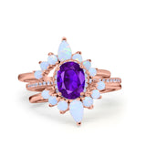 Three Piece Set Oval Lab White Opal Teardrop Art Deco Wedding Ring Vintage Band Simulated Cubic Zirconia Solid 925 Sterling Silver