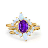 Three Piece Set Oval Lab White Opal Teardrop Art Deco Wedding Ring Vintage Band Simulated Cubic Zirconia Solid 925 Sterling Silver