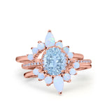 Three Piece Set Oval Lab White Opal Teardrop Art Deco Wedding Ring Vintage Band Simulated Cubic Zirconia Solid 925 Sterling Silver