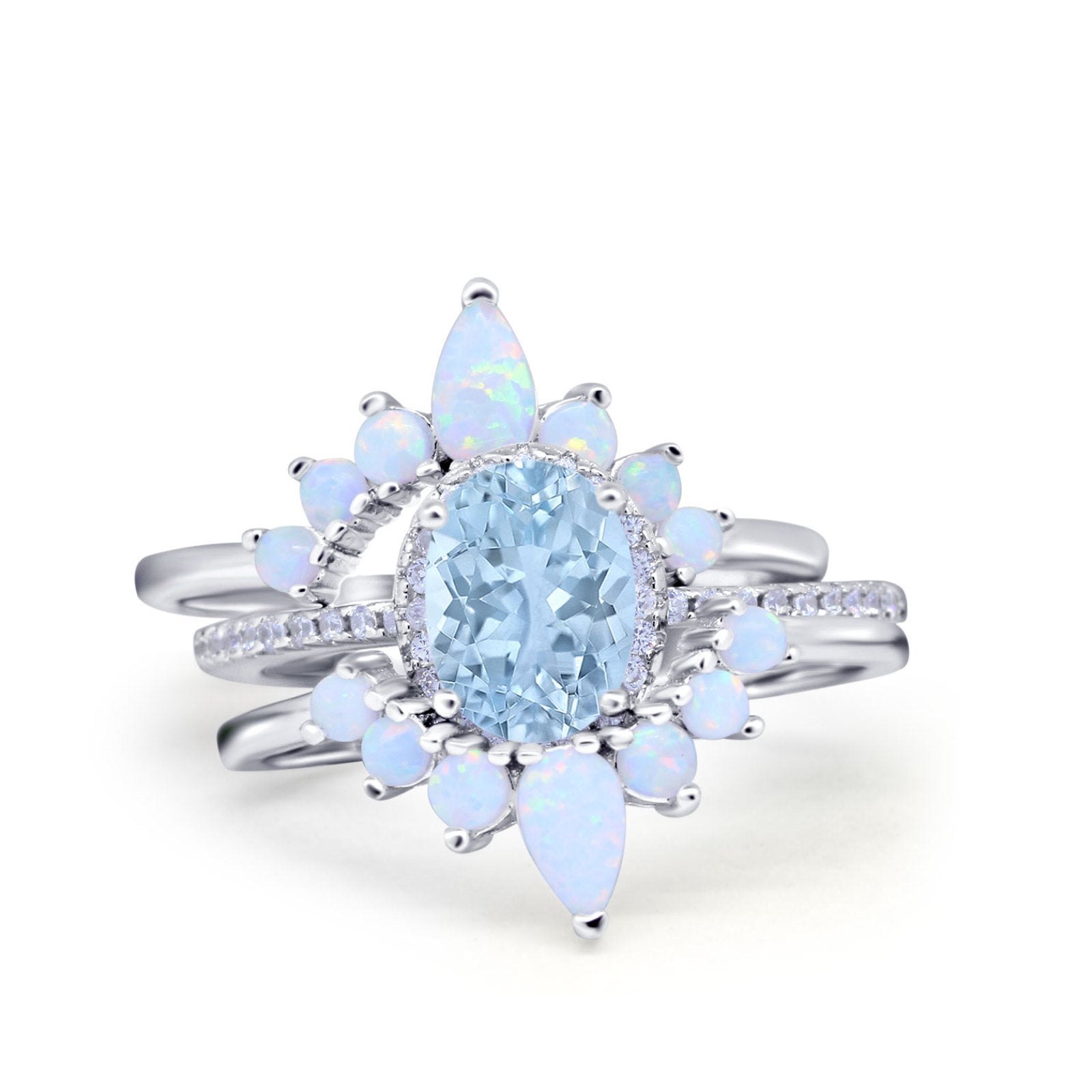 Three Piece Set Oval Lab White Opal Teardrop Art Deco Wedding Ring Vintage Band Simulated Cubic Zirconia Solid 925 Sterling Silver