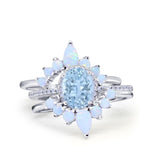 Three Piece Set Oval Lab White Opal Teardrop Art Deco Wedding Ring Vintage Band Simulated Cubic Zirconia Solid 925 Sterling Silver