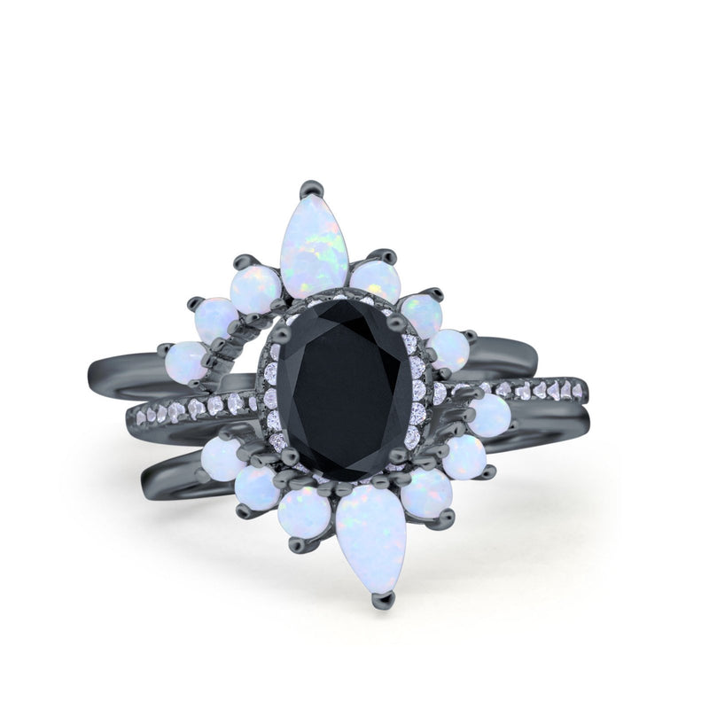 Three Piece Set Oval Lab White Opal Teardrop Art Deco Wedding Ring Vintage Band Simulated Cubic Zirconia Solid 925 Sterling Silver