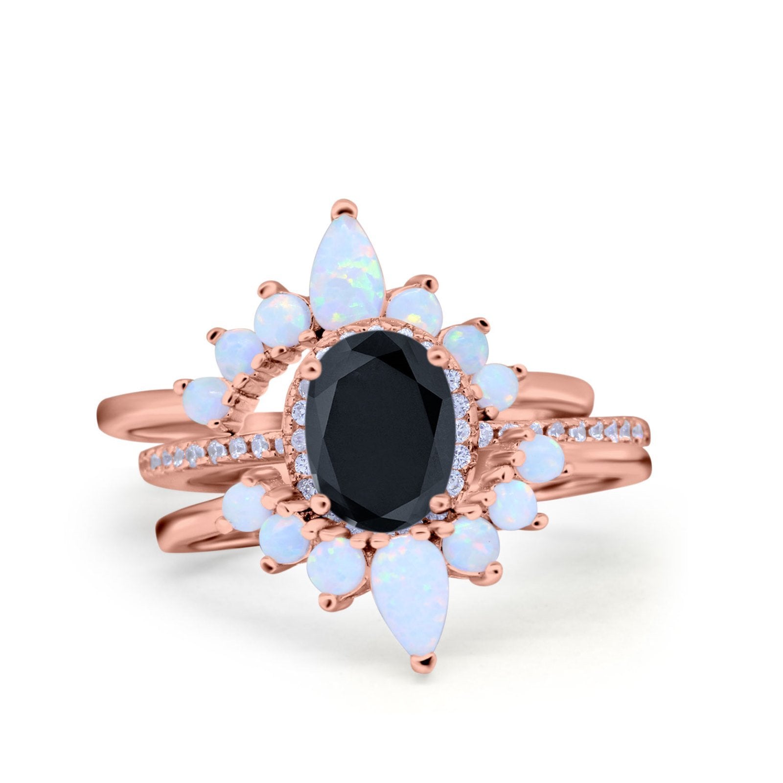 Three Piece Set Oval Lab White Opal Teardrop Art Deco Wedding Ring Vintage Band Simulated Cubic Zirconia Solid 925 Sterling Silver