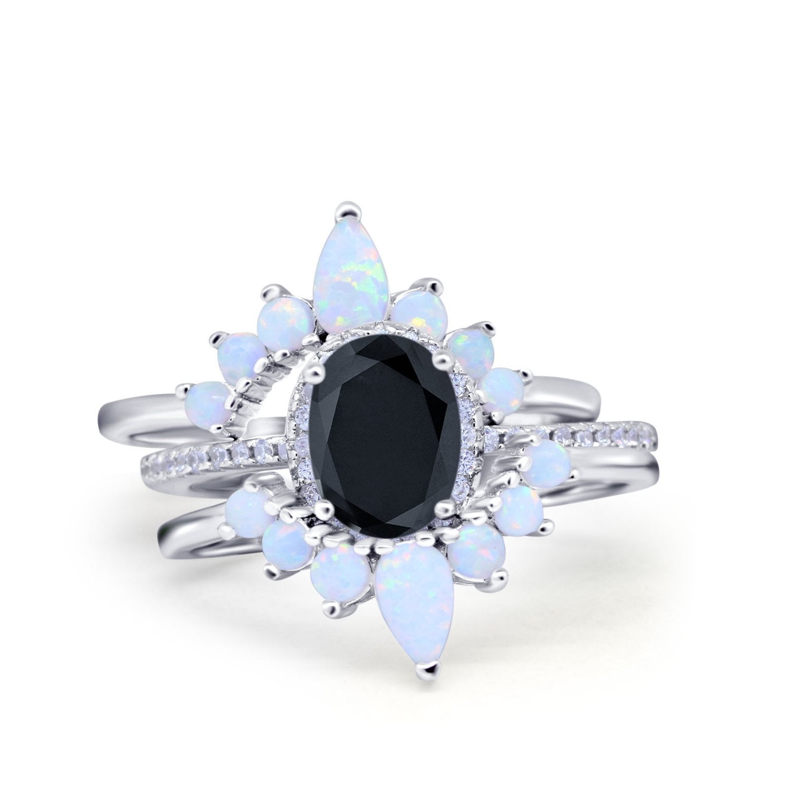 Three Piece Set Oval Lab White Opal Teardrop Art Deco Wedding Ring Vintage Band Simulated Cubic Zirconia Solid 925 Sterling Silver