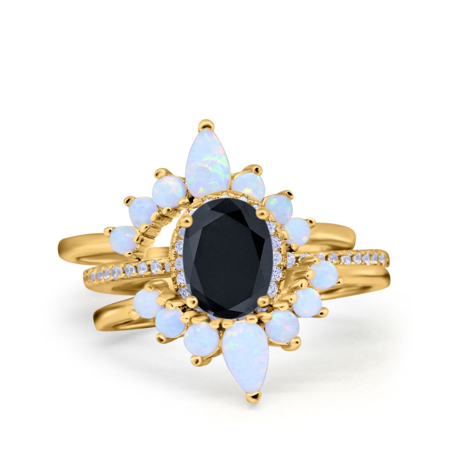 Three Piece Set Oval Lab White Opal Teardrop Art Deco Wedding Ring Vintage Band Simulated Cubic Zirconia Solid 925 Sterling Silver