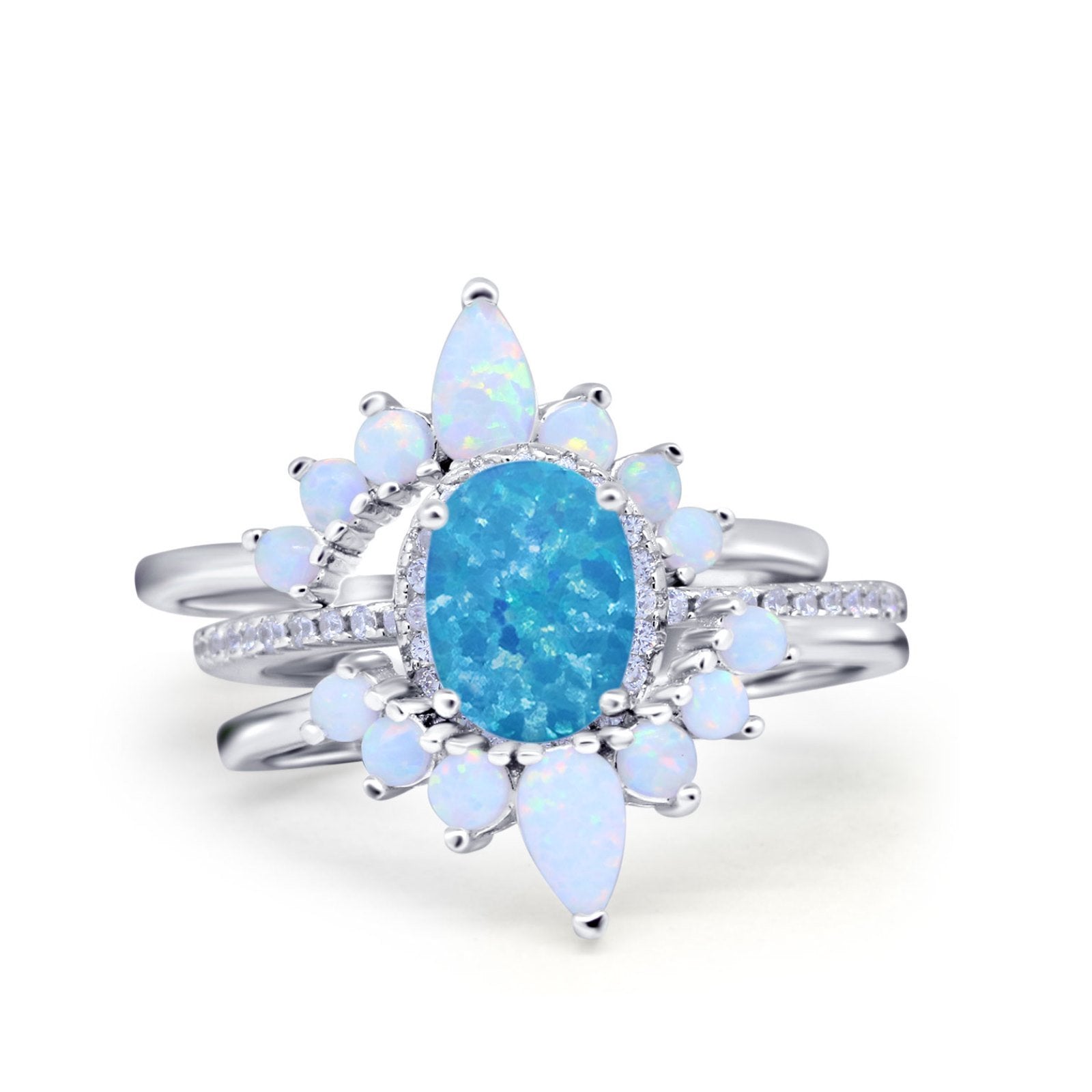 Three Piece Set Oval Lab White Opal Teardrop Art Deco Wedding Ring Vintage Band Simulated Cubic Zirconia Solid 925 Sterling Silver