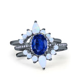 Three Piece Set Oval Lab White Opal Teardrop Art Deco Wedding Ring Vintage Band Simulated Cubic Zirconia Solid 925 Sterling Silver