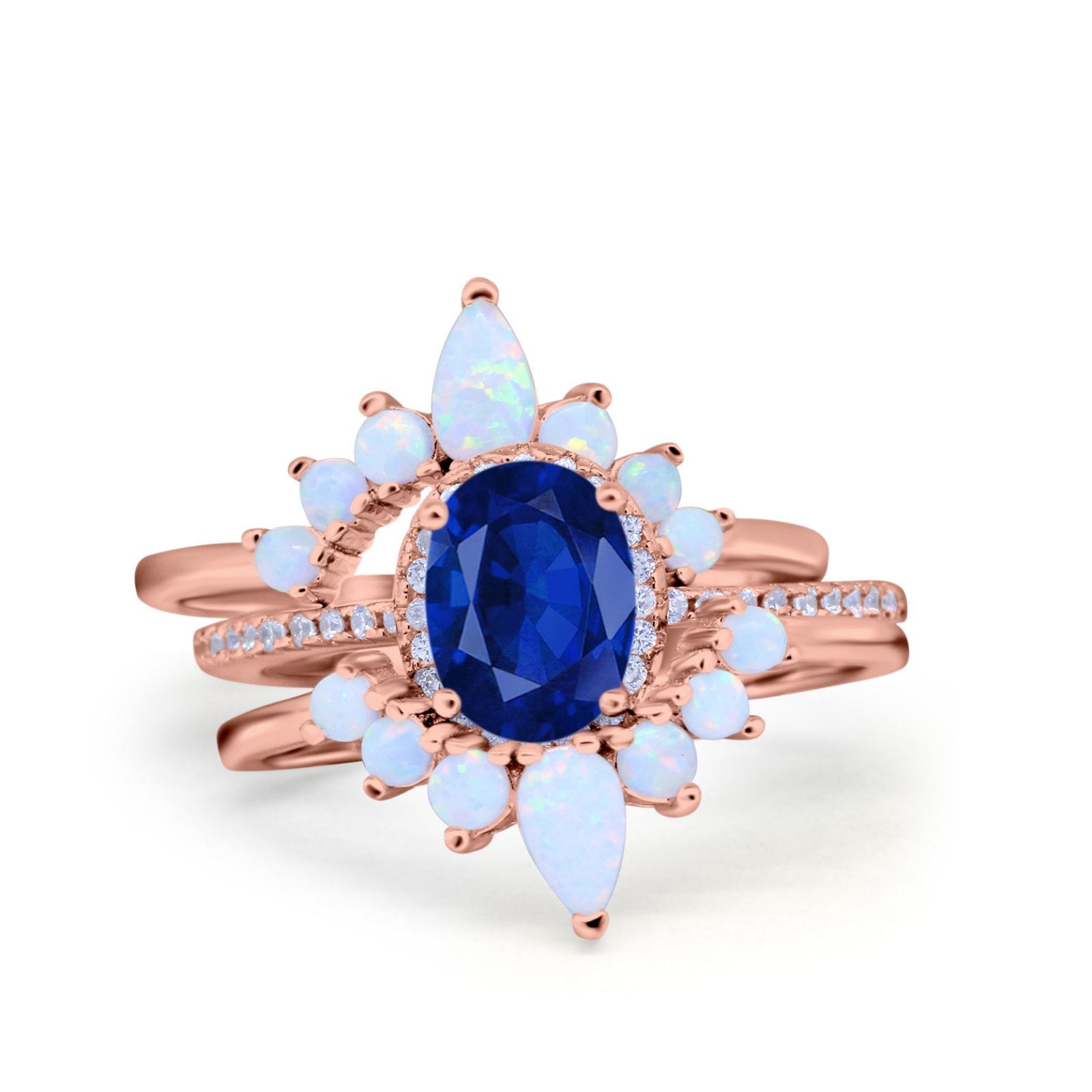 Three Piece Set Oval Lab White Opal Teardrop Art Deco Wedding Ring Vintage Band Simulated Cubic Zirconia Solid 925 Sterling Silver