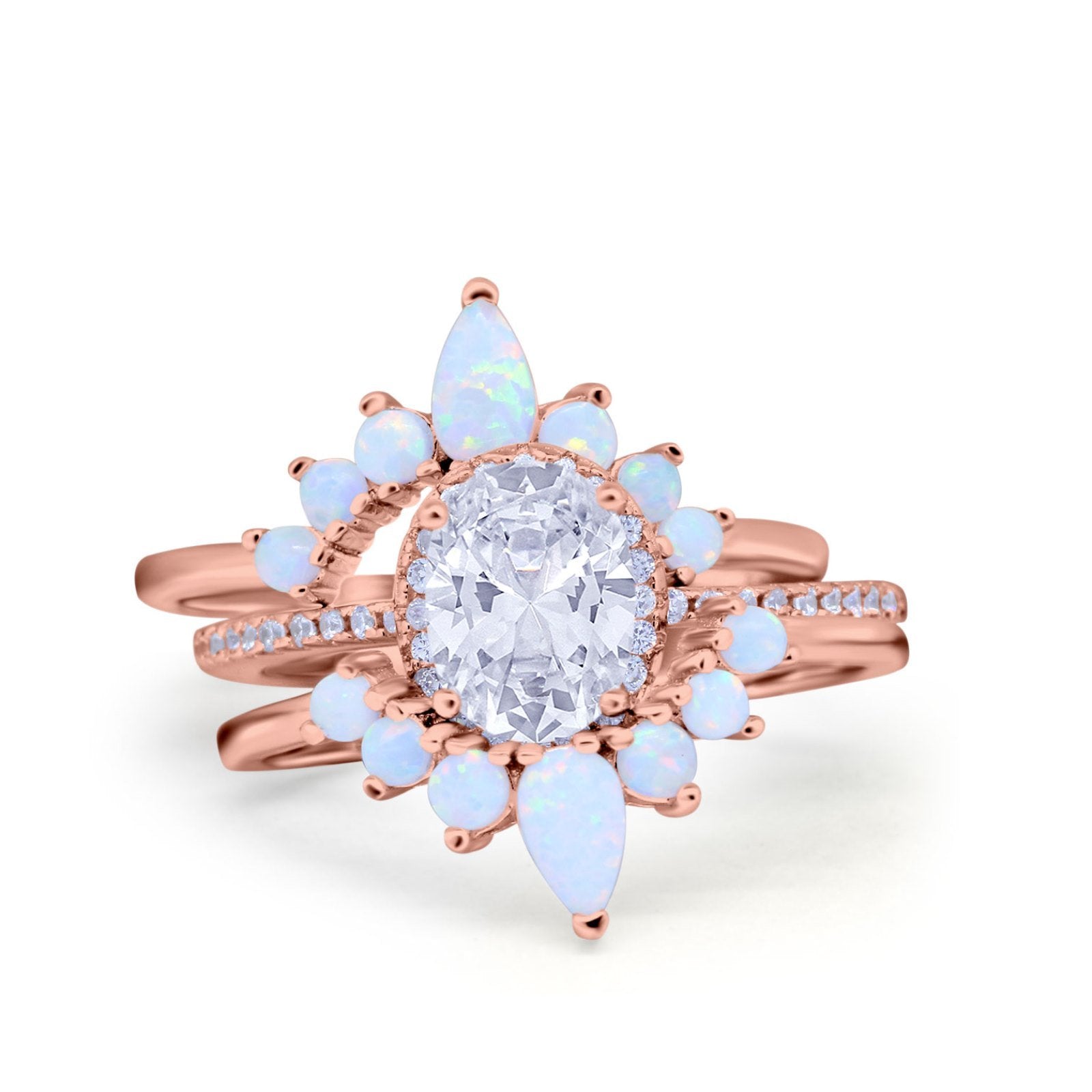 Three Piece Set Oval Lab White Opal Teardrop Art Deco Wedding Ring Vintage Band Simulated Cubic Zirconia Solid 925 Sterling Silver