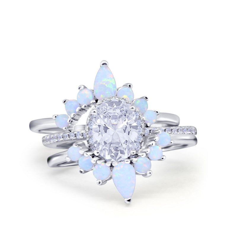 Three Piece Set Oval Lab White Opal Teardrop Art Deco Wedding Ring Vintage Band Simulated Cubic Zirconia Solid 925 Sterling Silver