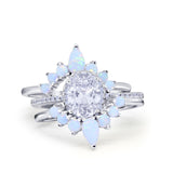 Three Piece Set Oval Lab White Opal Teardrop Art Deco Wedding Ring Vintage Band Simulated Cubic Zirconia Solid 925 Sterling Silver