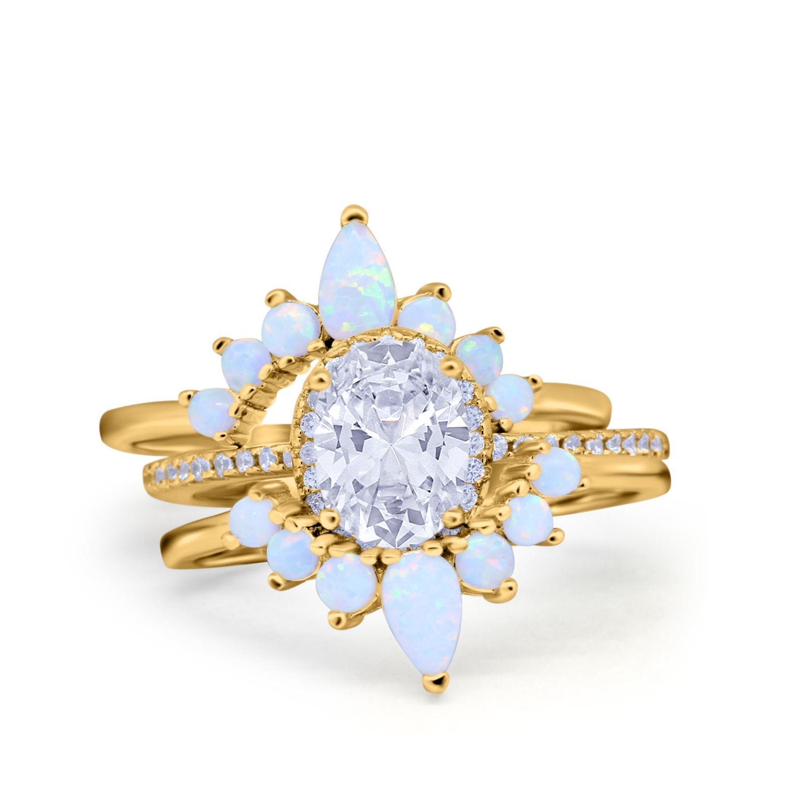 Three Piece Set Oval Lab White Opal Teardrop Art Deco Wedding Ring Vintage Band Simulated Cubic Zirconia Solid 925 Sterling Silver