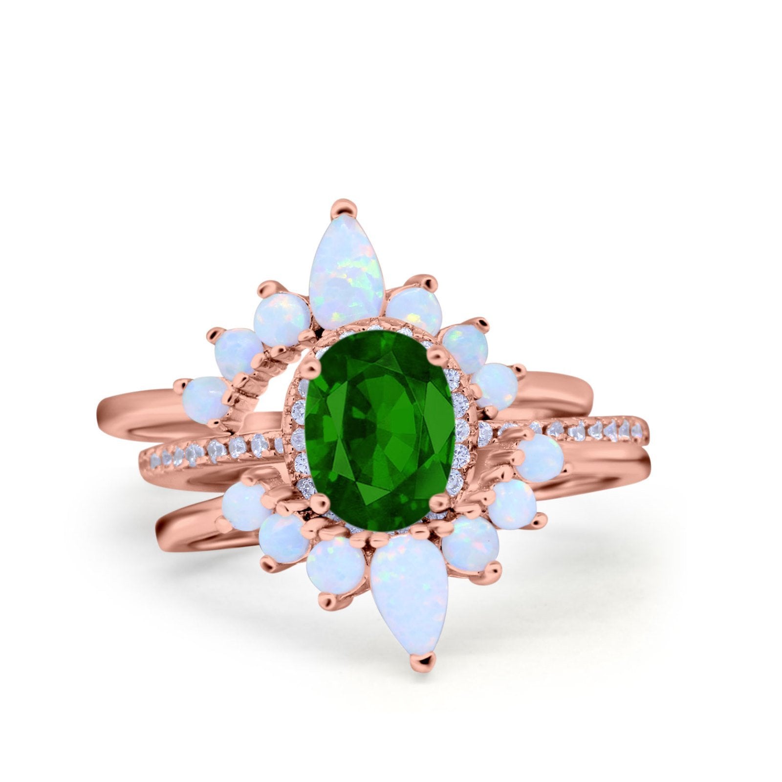 Three Piece Set Oval Lab White Opal Teardrop Art Deco Wedding Ring Vintage Band Simulated Cubic Zirconia Solid 925 Sterling Silver