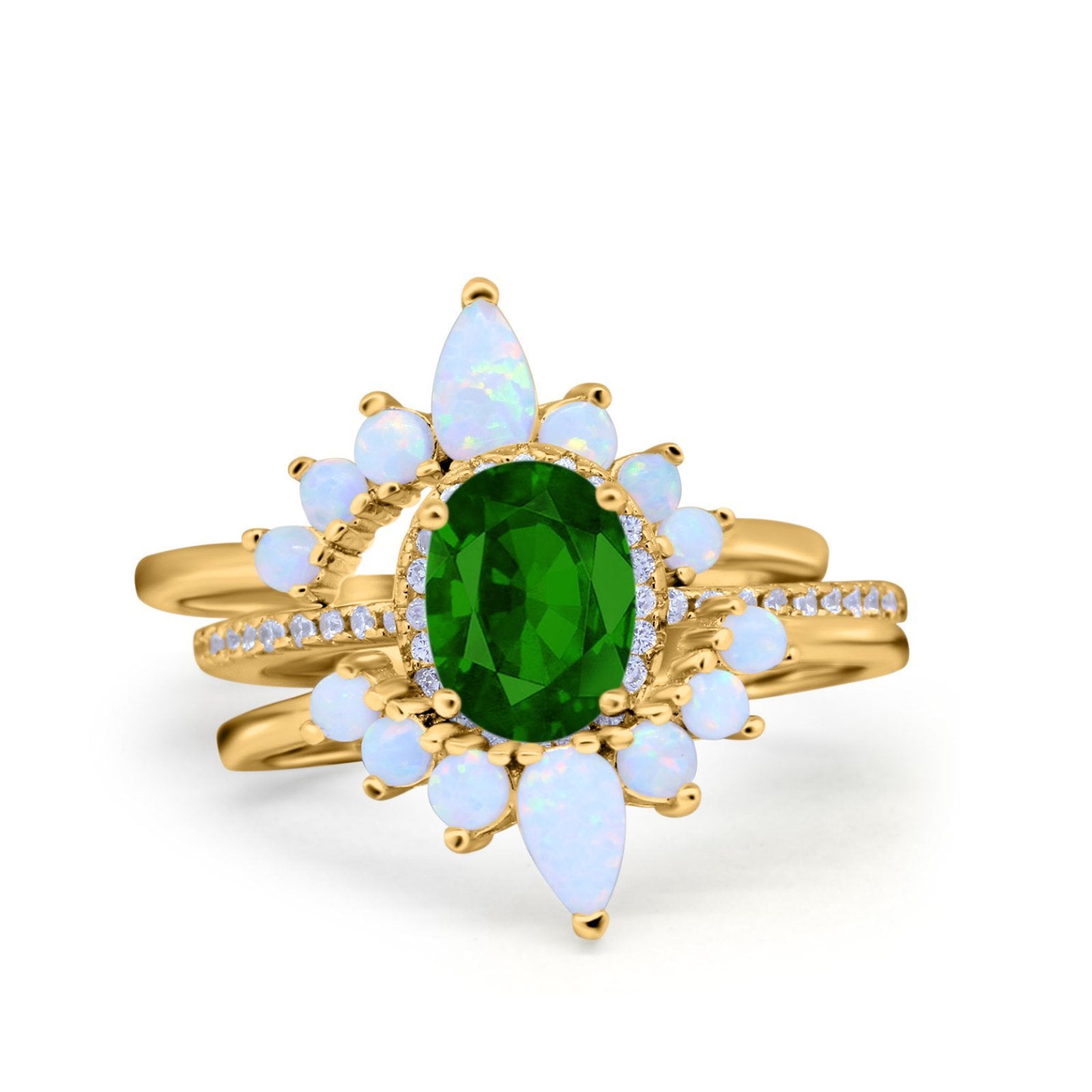 Three Piece Set Oval Lab White Opal Teardrop Art Deco Wedding Ring Vintage Band Simulated Cubic Zirconia Solid 925 Sterling Silver