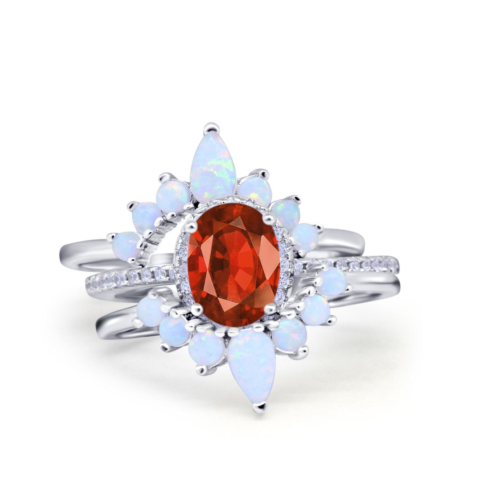 Three Piece Set Oval Lab White Opal Teardrop Art Deco Wedding Ring Vintage Band Simulated Cubic Zirconia Solid 925 Sterling Silver