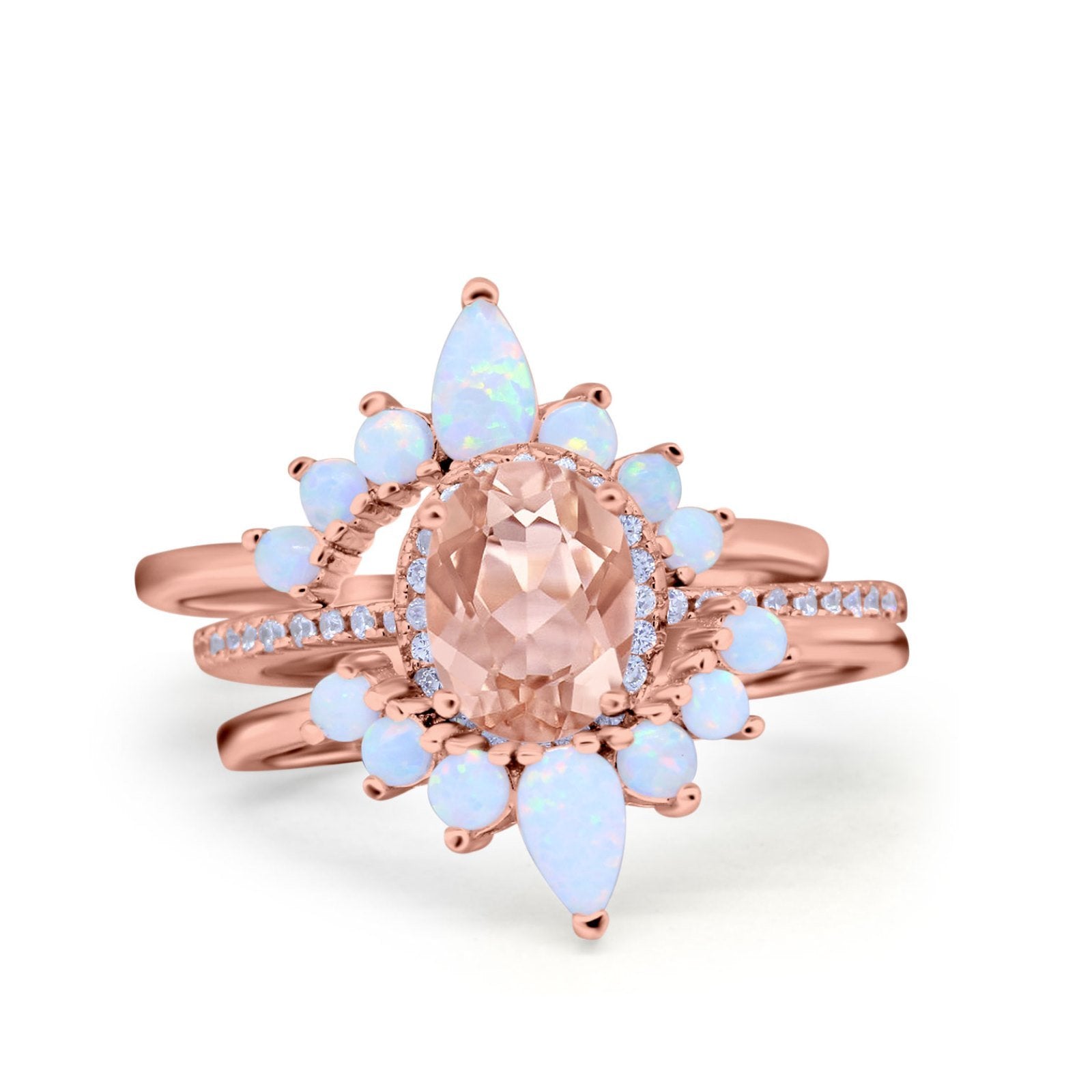 Three Piece Set Oval Lab White Opal Teardrop Art Deco Wedding Ring Vintage Band Simulated Cubic Zirconia Solid 925 Sterling Silver