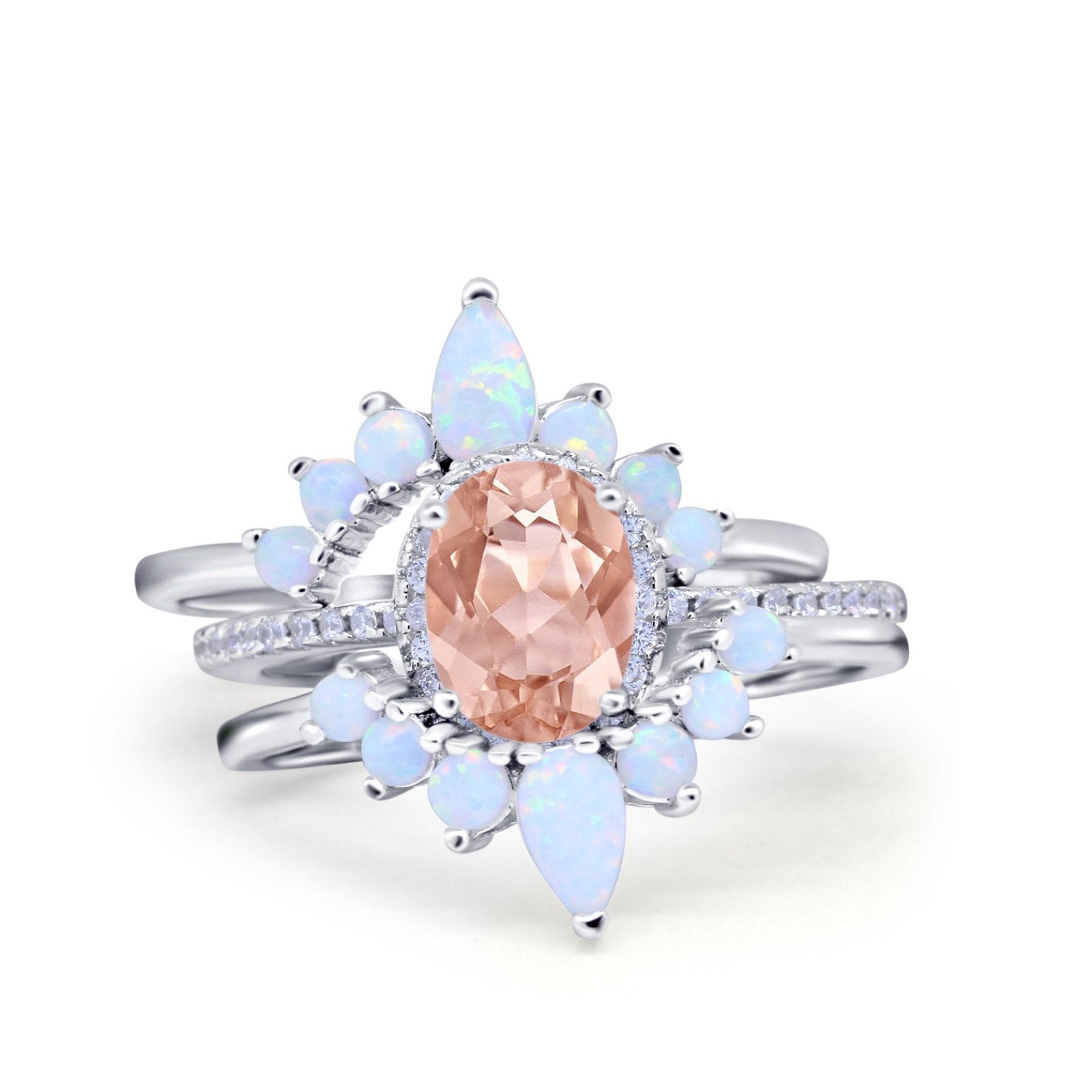 Three Piece Set Oval Lab White Opal Teardrop Art Deco Wedding Ring Vintage Band Simulated Cubic Zirconia Solid 925 Sterling Silver