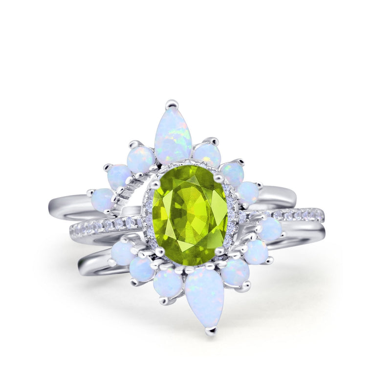 Three Piece Set Oval Lab White Opal Teardrop Art Deco Wedding Ring Vintage Band Simulated Cubic Zirconia Solid 925 Sterling Silver