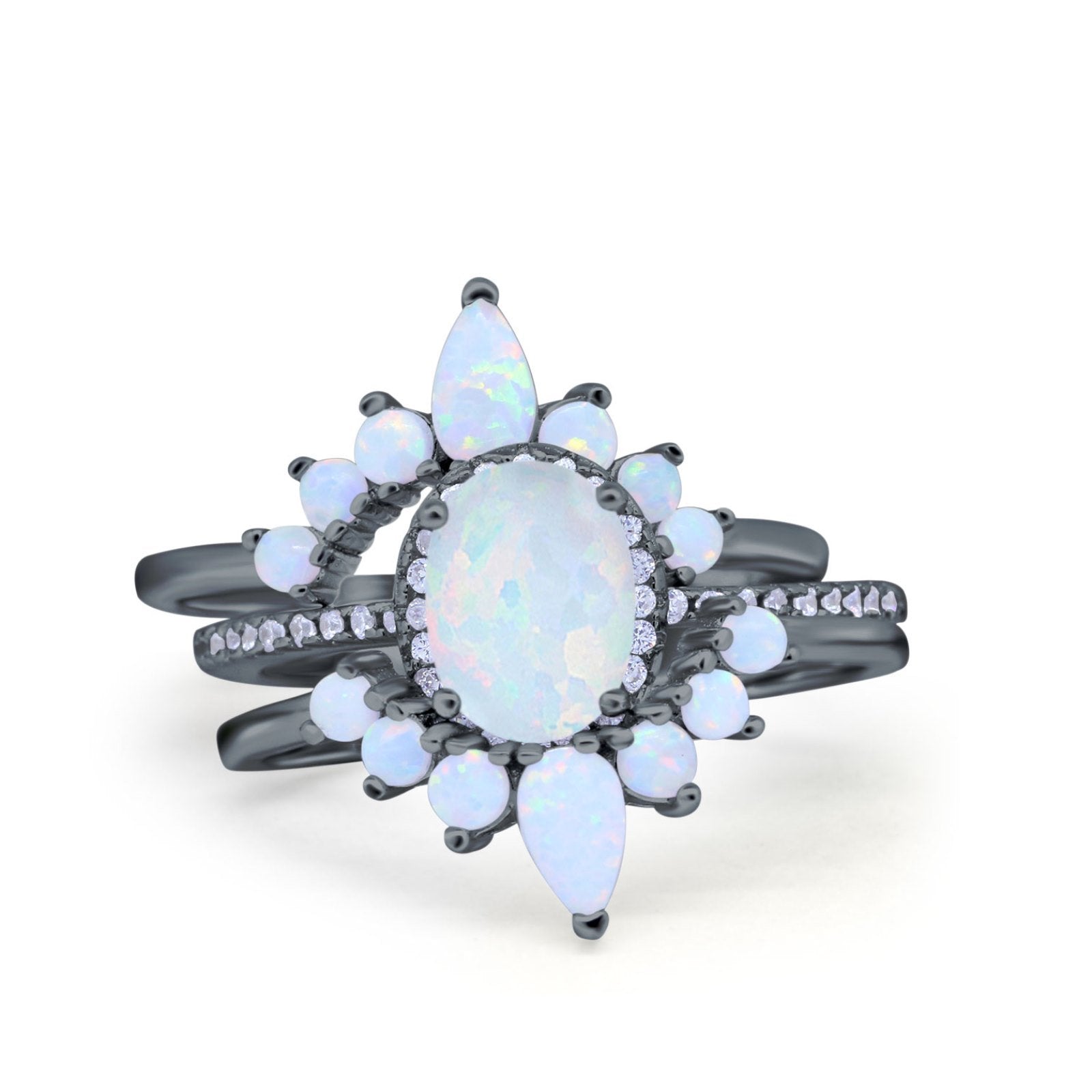 Three Piece Set Oval Lab White Opal Teardrop Art Deco Wedding Ring Vintage Band Simulated Cubic Zirconia Solid 925 Sterling Silver