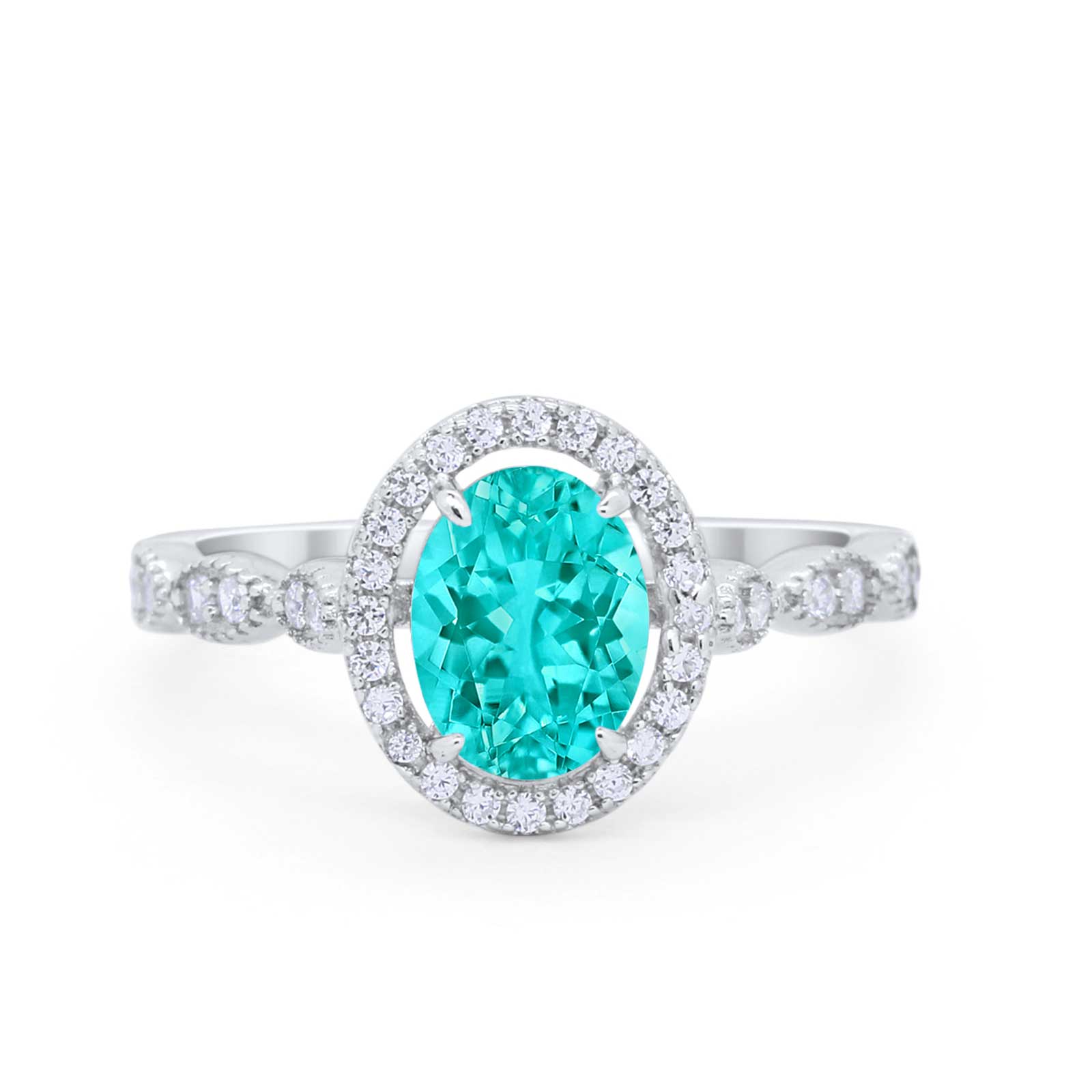Art Deco Wedding Halo Ring Oval Simulated Cubic Zirconia 925 Sterling Silver