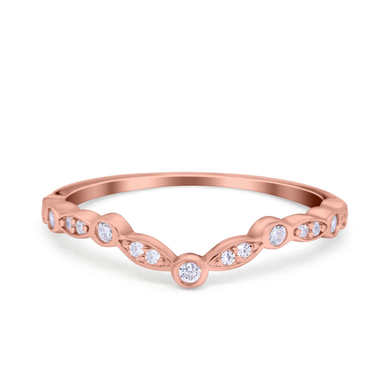 Curved Art Deco 4mm Band Ring Round Eternity Simulated CZ 925 Sterling Silver