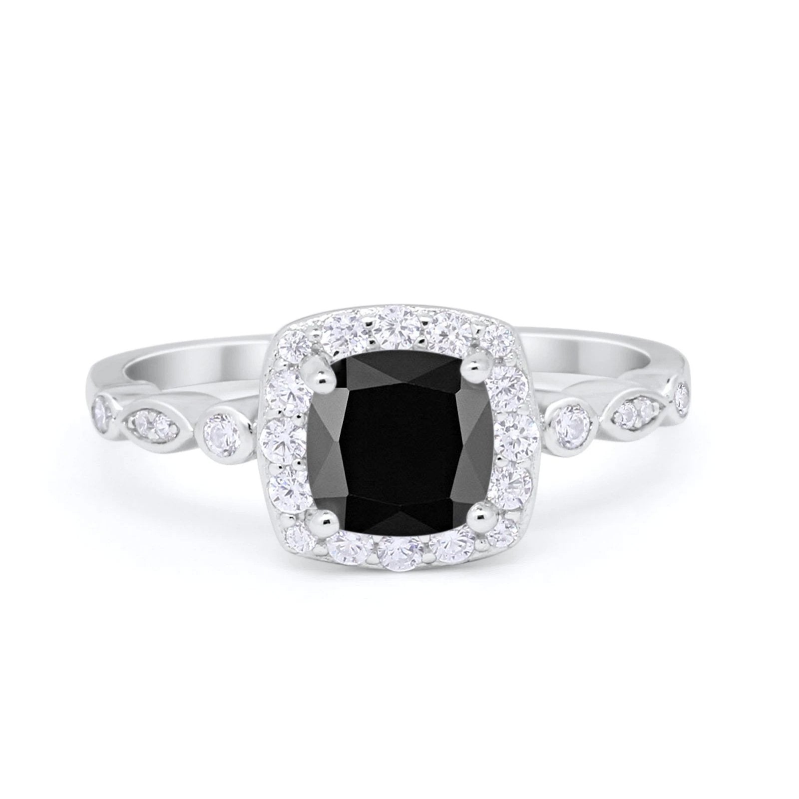 Halo Cushion Art Deco Wedding Engagement Ring Bridal Round Simulated Cubic Zirconia 925 Sterling Silver