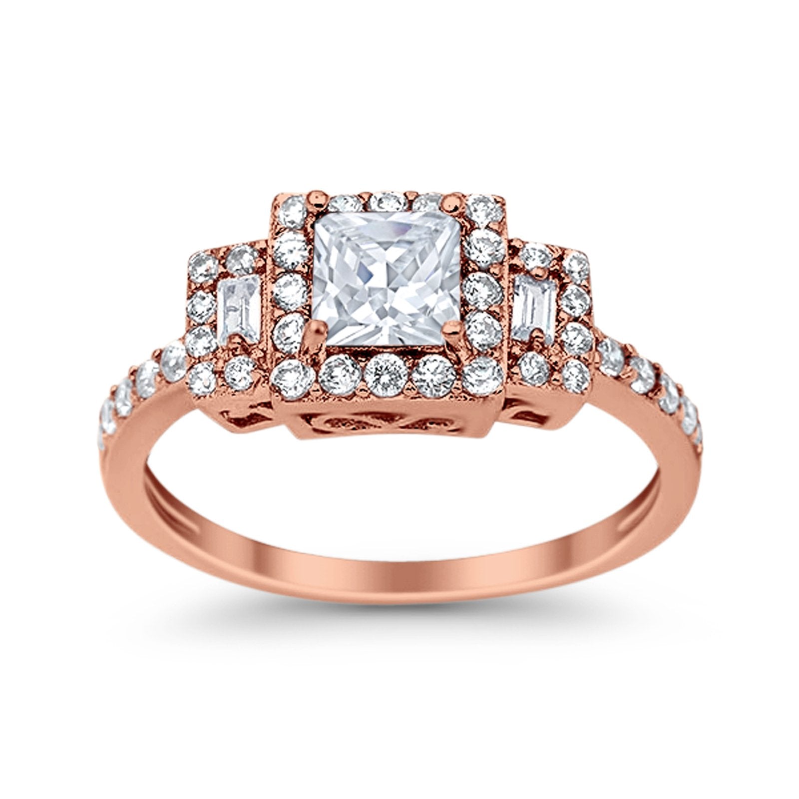 Halo Wedding Ring Baguette Simulated Cubic Zirconia 925 Sterling Silver