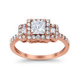 Halo Wedding Ring Baguette Simulated Cubic Zirconia 925 Sterling Silver