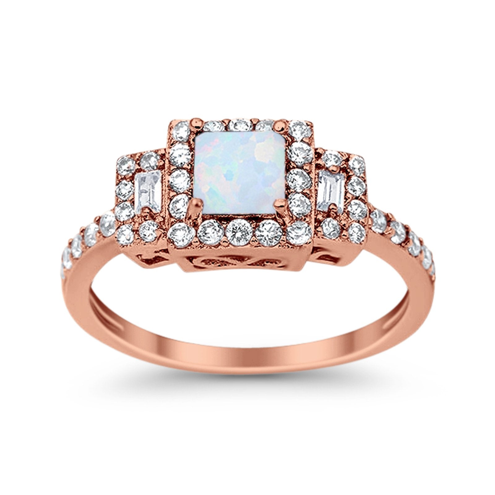 Halo Wedding Ring Baguette Simulated Cubic Zirconia 925 Sterling Silver