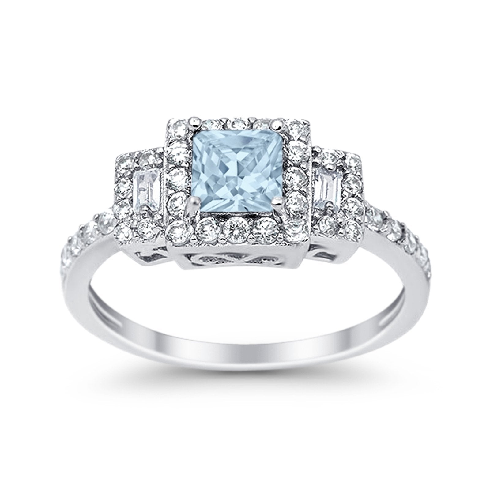 Halo Wedding Ring Baguette Simulated Cubic Zirconia 925 Sterling Silver