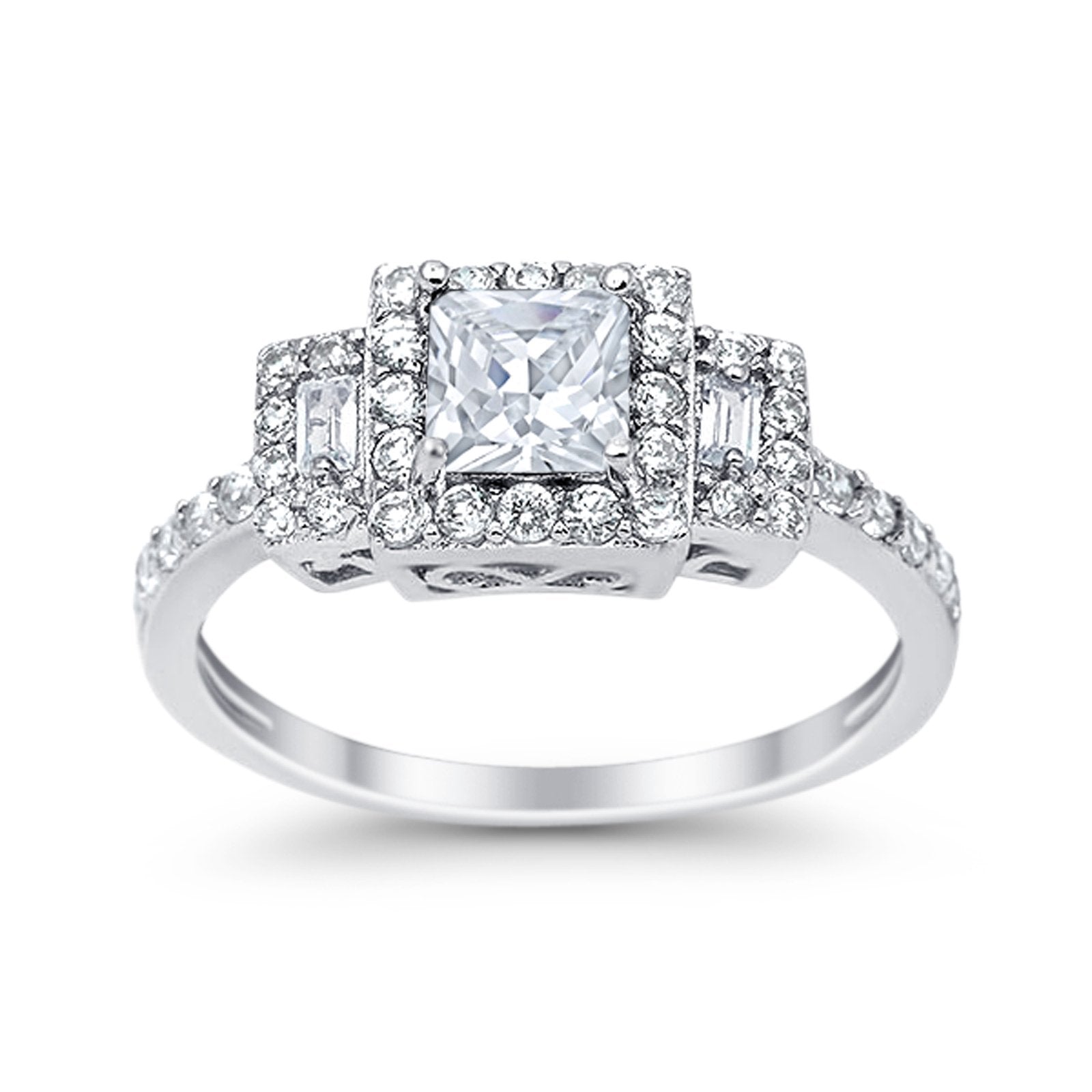 Halo Wedding Ring Baguette Simulated Cubic Zirconia 925 Sterling Silver