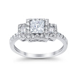 Halo Wedding Ring Baguette Simulated Cubic Zirconia 925 Sterling Silver