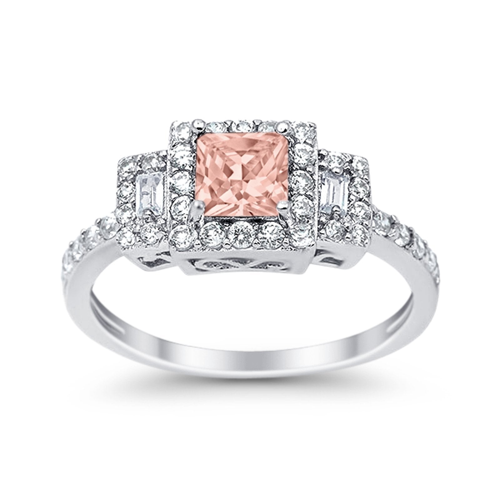 Halo Wedding Ring Baguette Simulated Cubic Zirconia 925 Sterling Silver