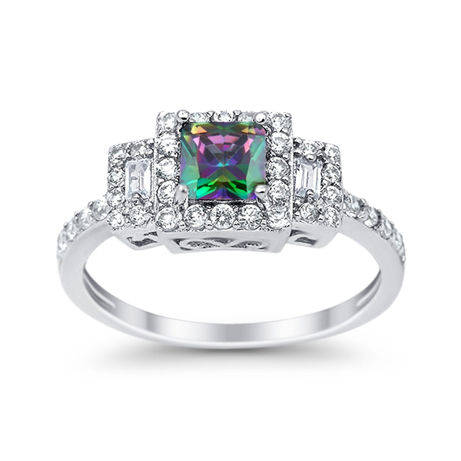 Halo Wedding Ring Baguette Simulated Cubic Zirconia 925 Sterling Silver