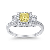 Halo Wedding Ring Baguette Simulated Cubic Zirconia 925 Sterling Silver