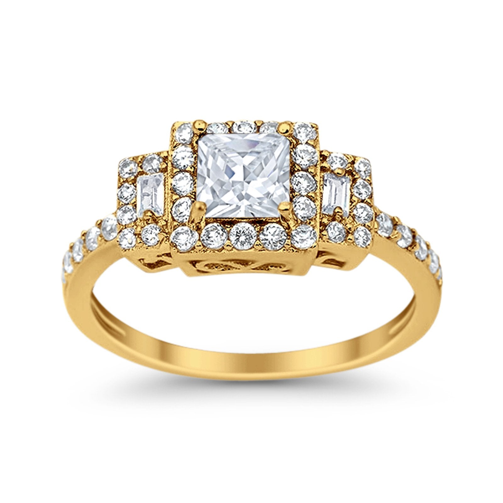 Halo Wedding Ring Baguette Simulated Cubic Zirconia 925 Sterling Silver