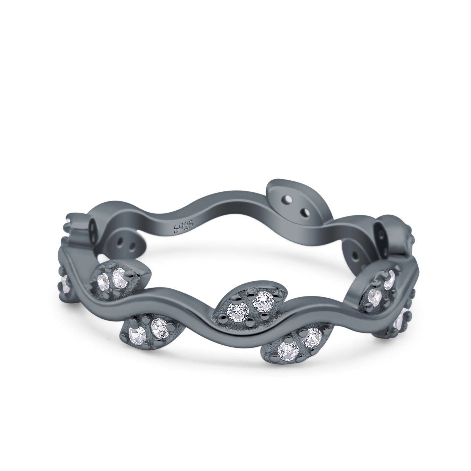 Leaf Eternity Ring Wedding Engagement Band Round Pave Simulated Cubic Zirconia 925 Sterling Silver (5mm)