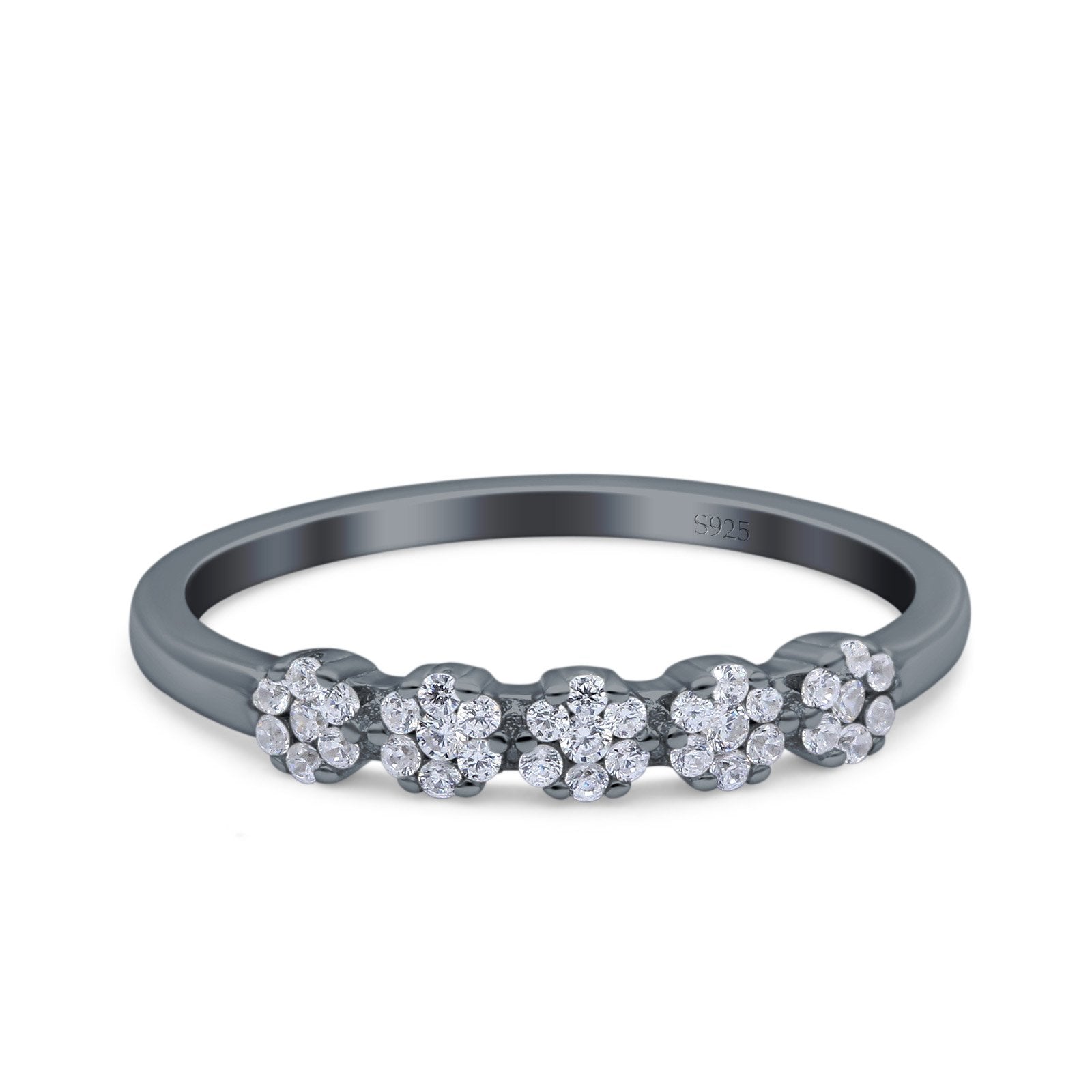 Five Flower Ring Wedding Engagement Band Round Pave Simulated Cubic Zirconia 925 Sterling Silver (4mm)