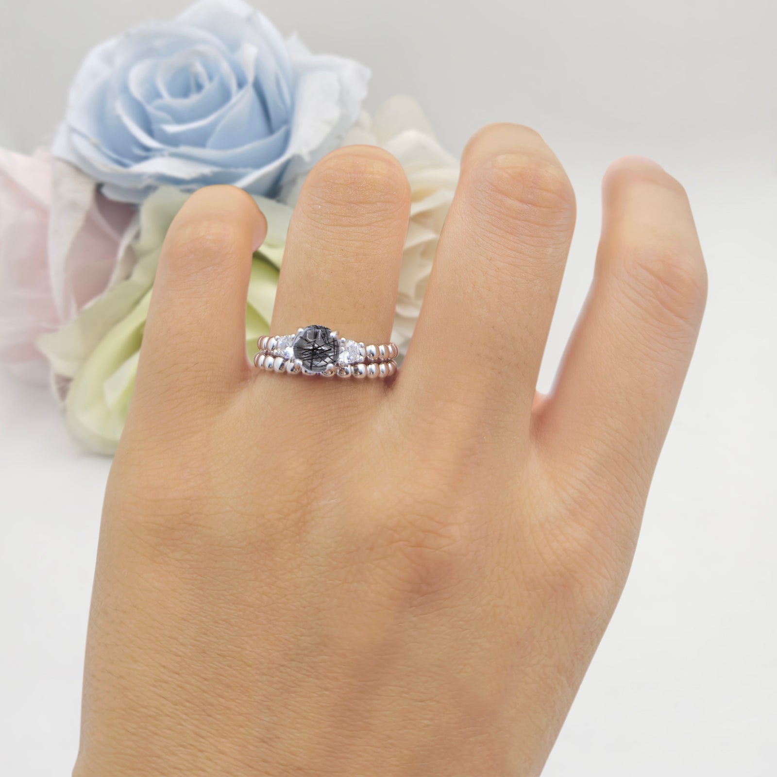 Three Stone Two Piece Bridal Round Beaded Natural Rutilated Quartz Engagement Ring