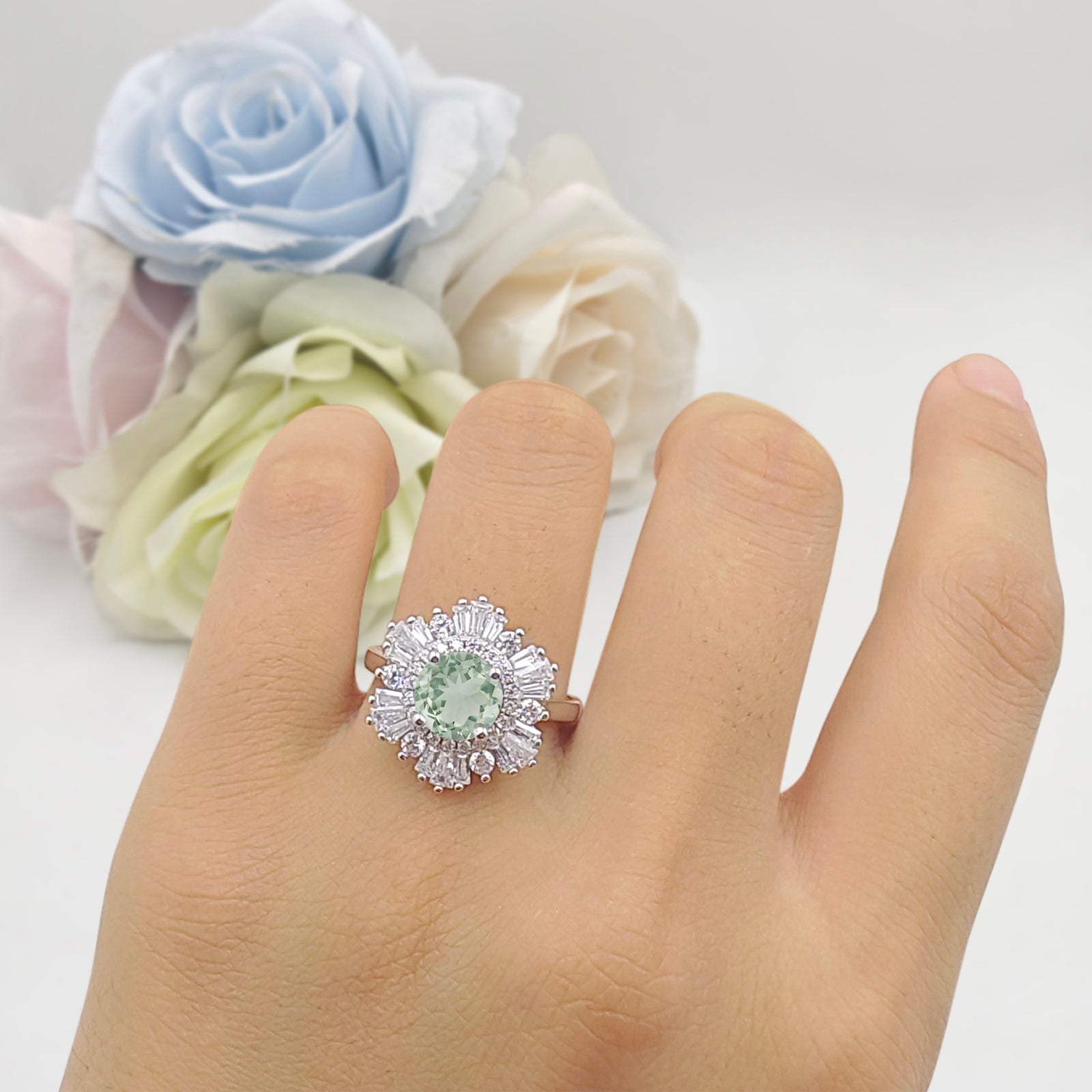 Floral Art Deco Round Natural Green Amethyst Prasiolite Halo Engagement Ring