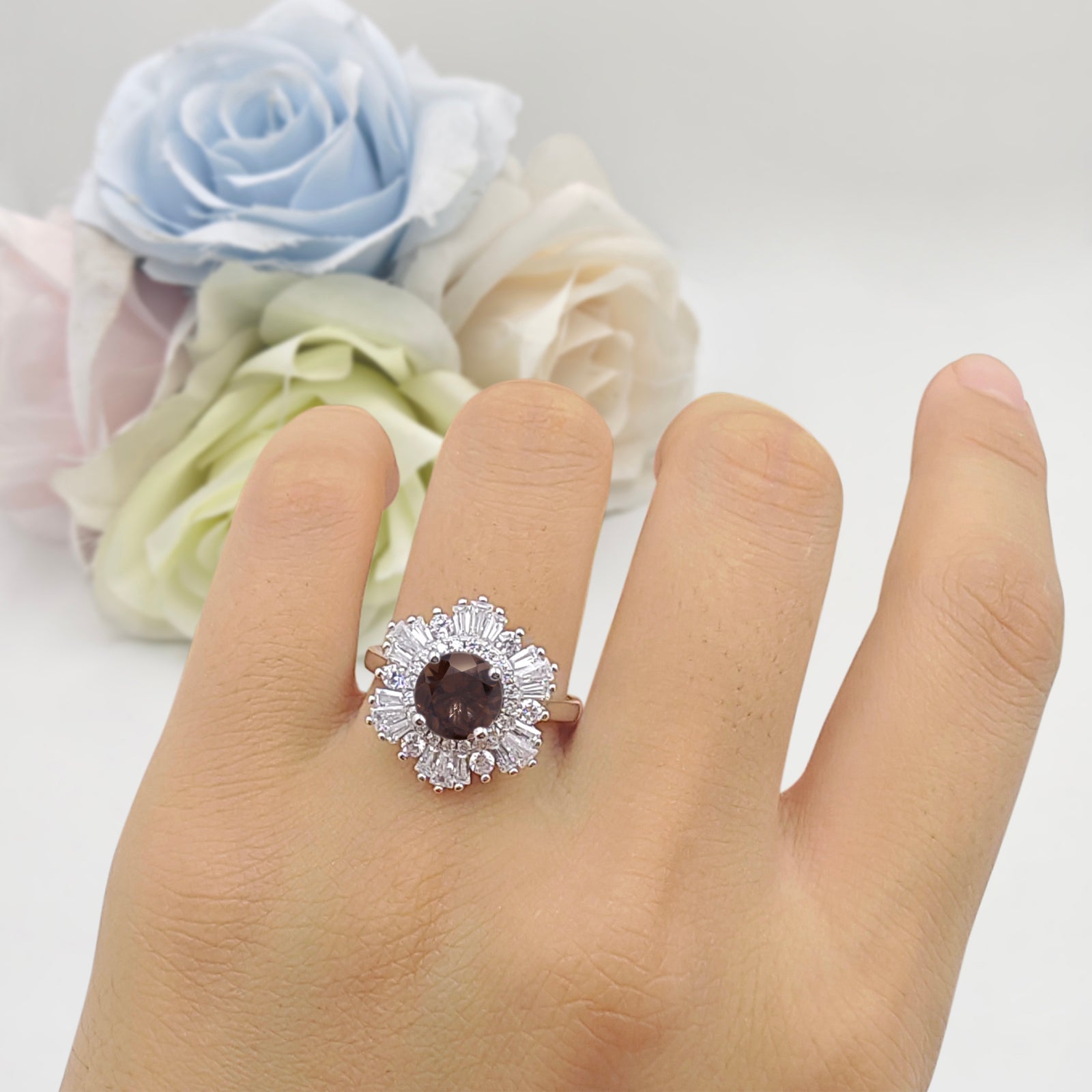 Floral Art Deco Round Natural Chocolate Brown Smoky Quartz Halo Engagement Ring