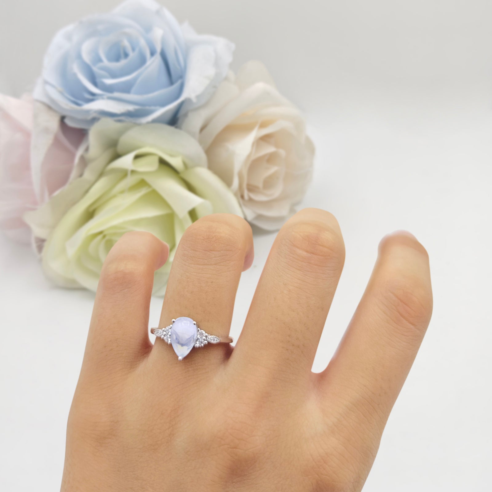 Art Deco Teardrop Pear Natural Moonstone Vintage Engagement Ring