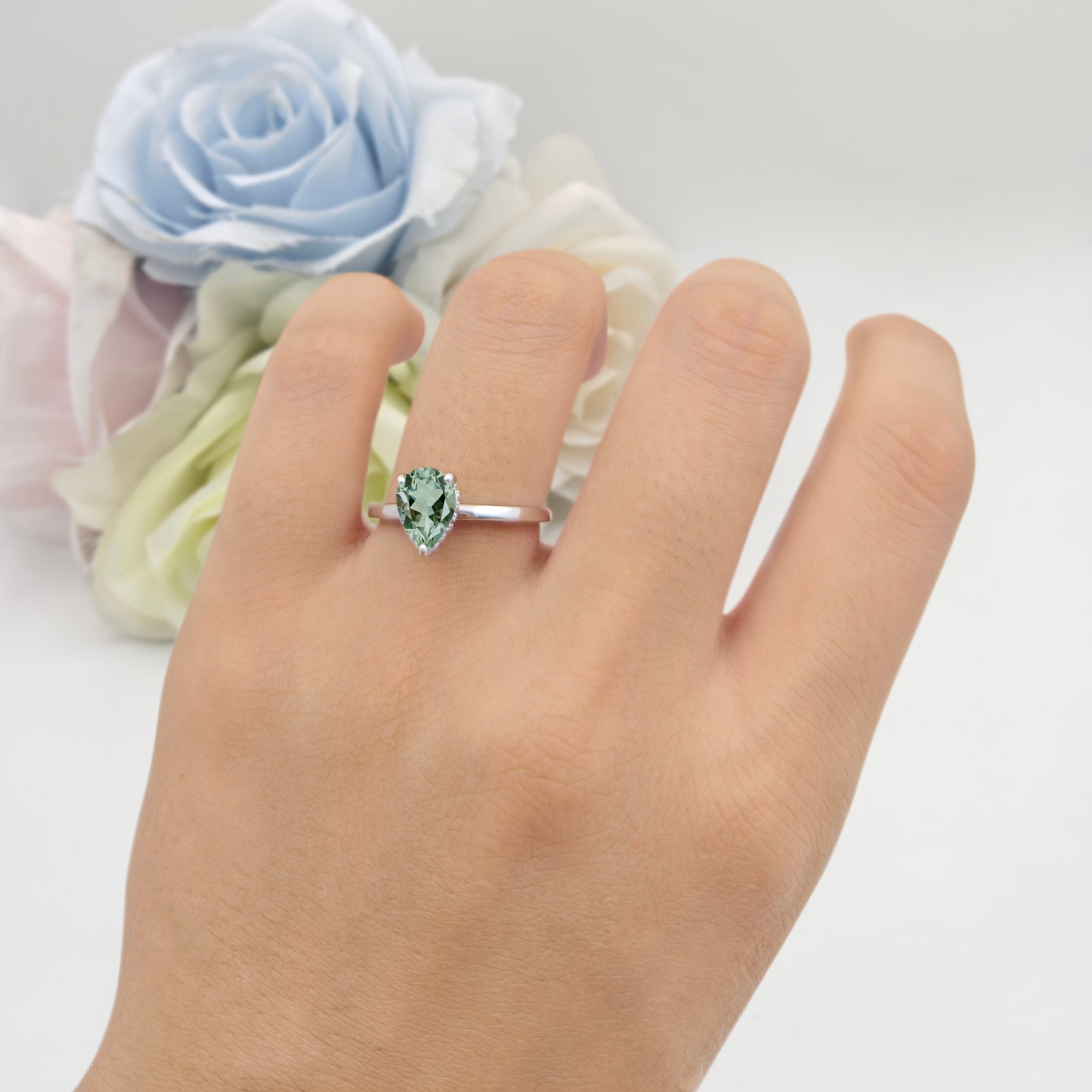 Teardrop Pear Hidden Halo Natural Green Amethyst Prasiolite Engagement Ring