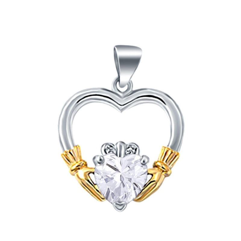 Claddagh Charm Pendant Simulated Heart Cubic Zirconia 925 Sterling Silver (21mm)