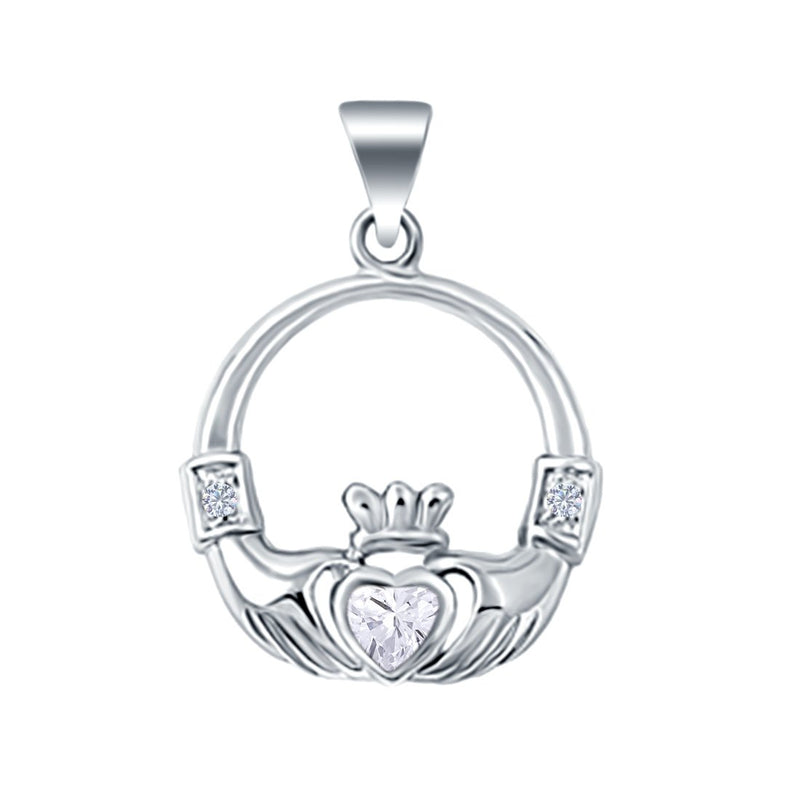 Silver Claddagh Charm Pendant Heart Simulated Cubic Zirconia 925 Sterling Silver (23mm)