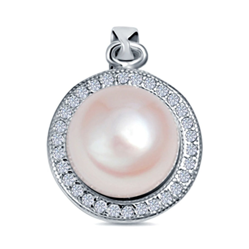 Pearl Round Charm Pendant Simulated Cubic Zirconia 925 Sterling Silver (17mm)