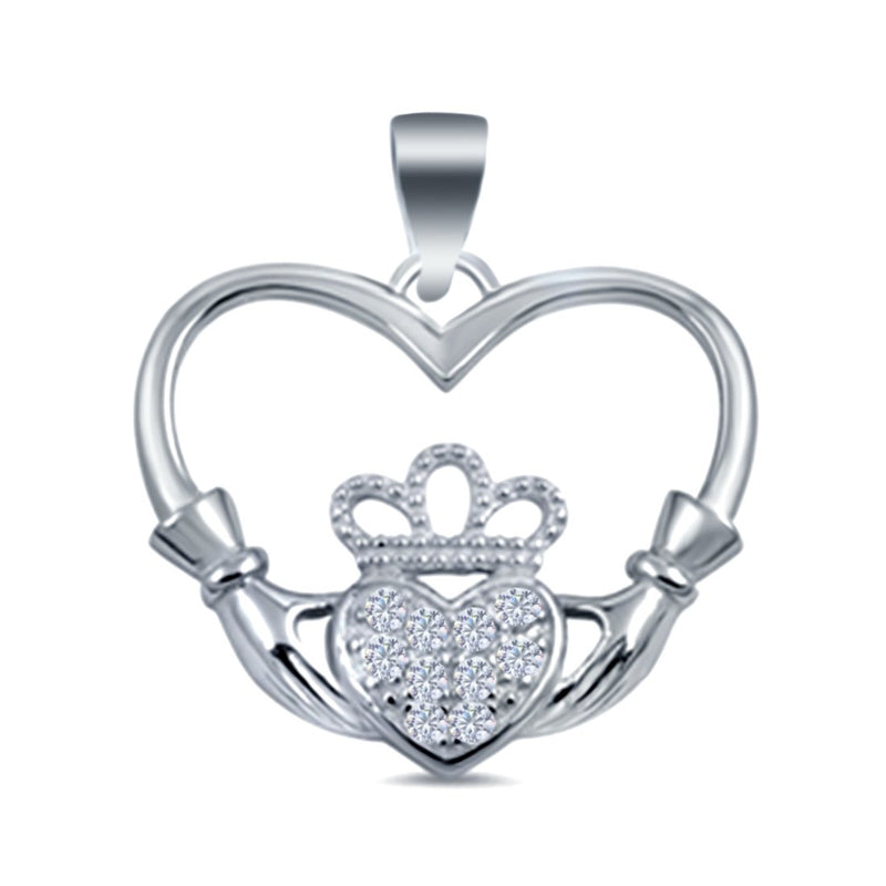 Claddagh Charm Pendant Simulated Cubic Zirconia 925 Sterling Silver (18mm)