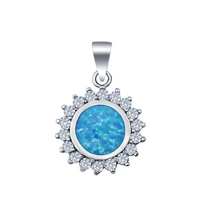 Round Lab Created Blue Opal Pendant Charm Simulated CZ 925 Sterling Silver(15mm)