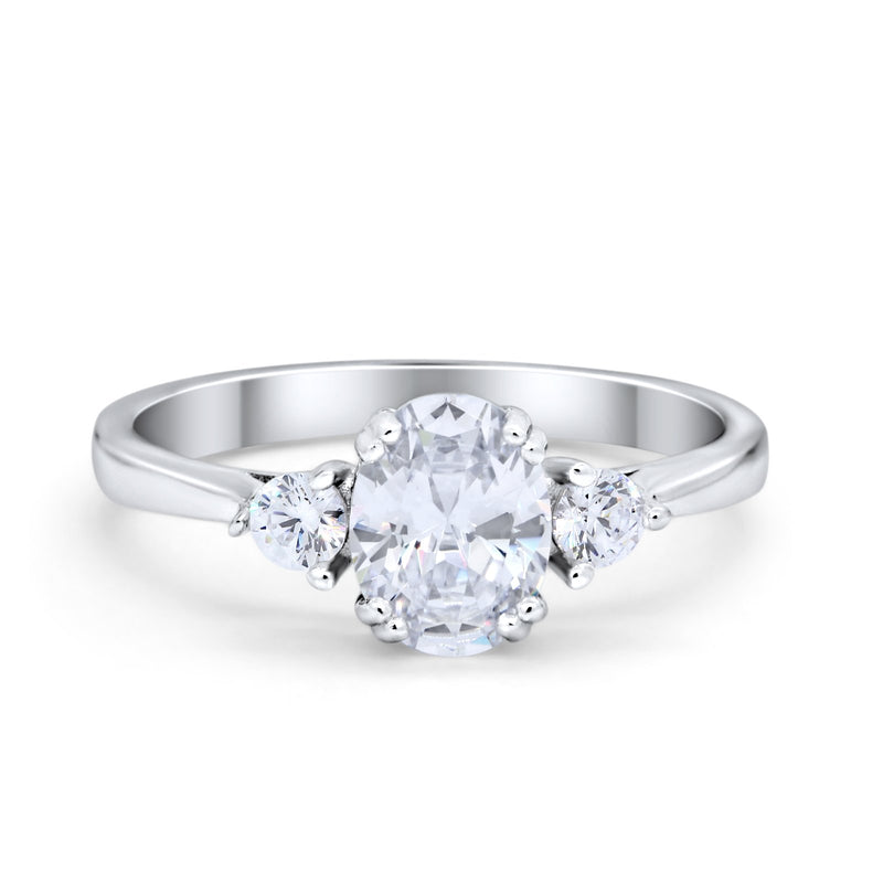 Three Stone Wedding Ring Oval Simulated Cubic Zirconia 925 Sterling Silver