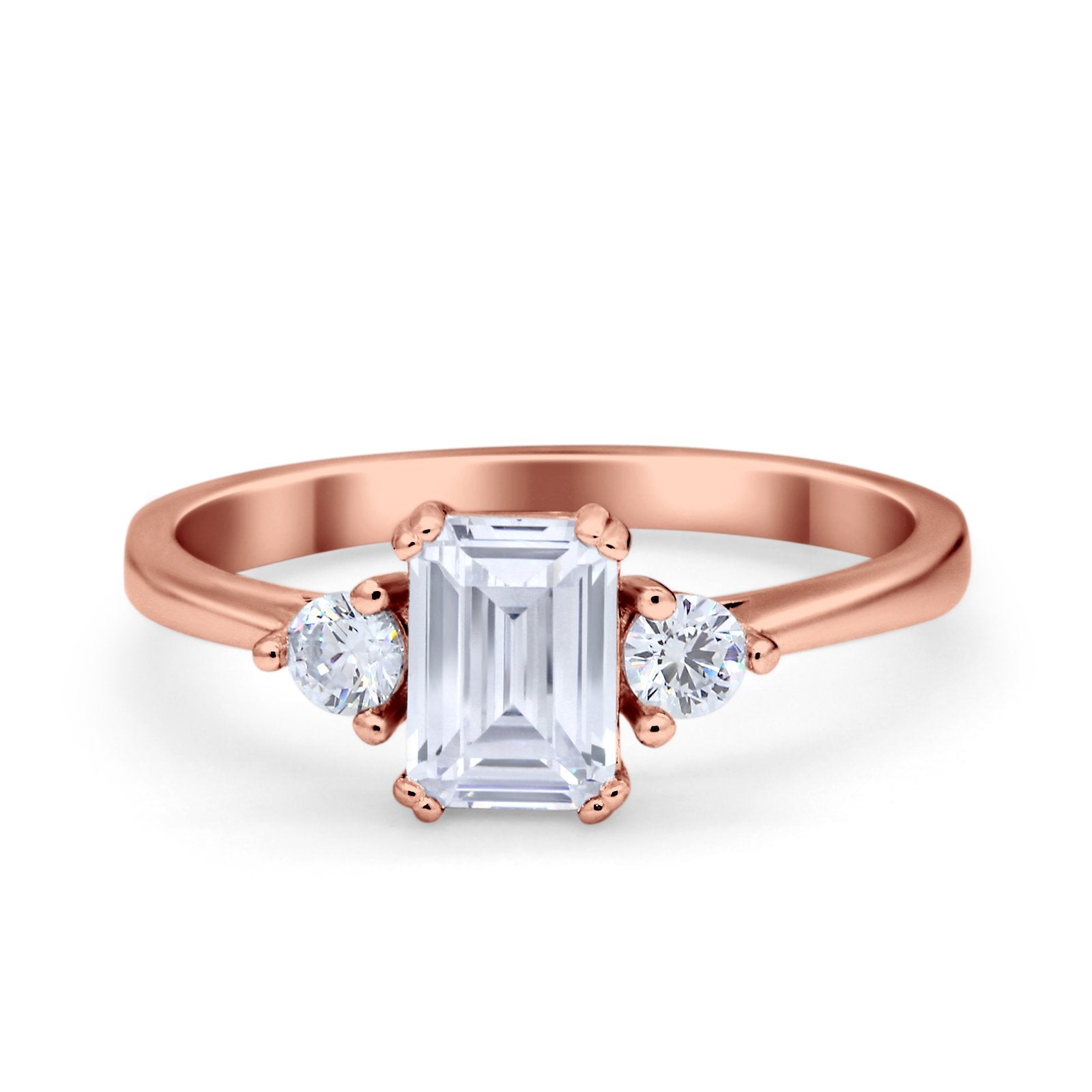 Emerald Cut Wedding Ring Round Simulated Cubic Zirconia 925 Sterling Silver